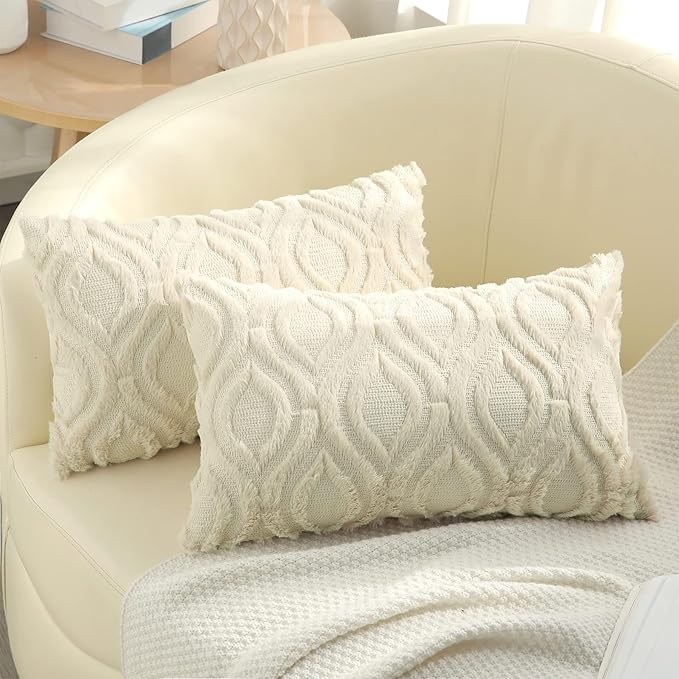 decorUhome Fall Throw Pillow Covers 12x20 Inch Set of 2, Soft Plush Decorative Faux Fur Beige Solid Couch Pillow Covers, Accent Farmhouse Neutral Lumbar Euro Pillow Cases for Sofa Bed Living Room