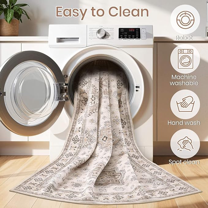 Washable Area Rugs for Living Room -9x12 Neutral Vintage Distressed Floral Farmhouse Boho Large Soft Floor Rug Indoor Non Slip Carpet for Living Room Bedroom Dining Room Office -Beige Brown