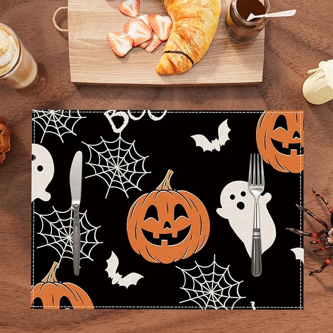 XCHI BOO Spooky Ghost Pumpkin Halloween Cloth Placemats Set of 8 Table Mats Table Decorations 12x18 Inch