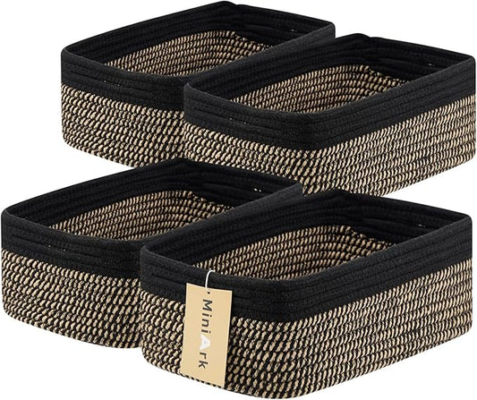 Small Storage Baskets for Organizing | Closet Organizer Bins | Shelf Toy Basket | Woven Rope Baskets | Cube Decorative Box | Shallow Basket | 13x8.5x5.1” | 4 Packs Black Brown