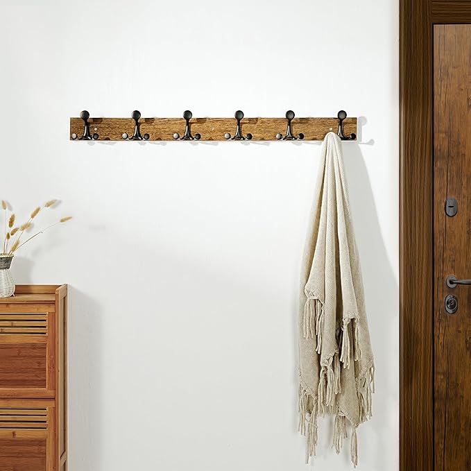 SKOLOO 39-Inch Wood Burnt Coat Rack Wall Mount with 6 Triple Hooks - Ideal for Family Entrances, Classrooms, and Pet Supplies Storage - Perfect Coat Hooks for Wall, Pack of 2
