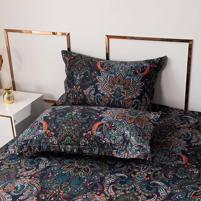ABREEZE Luxury Vintage Black Duvet Cover Sets Damask Paisley Bedding Set Retro 100% Brushed Cotton Zipper Closure Bedding Collection Queen Size