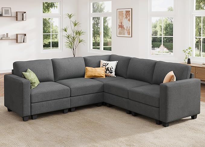 HONBAY Corduroy Modular Sectional Sofa with 5 Seaters, Sectional Corner Sofa with Chaise, L Shape Couches for Living Room, Dark Gray