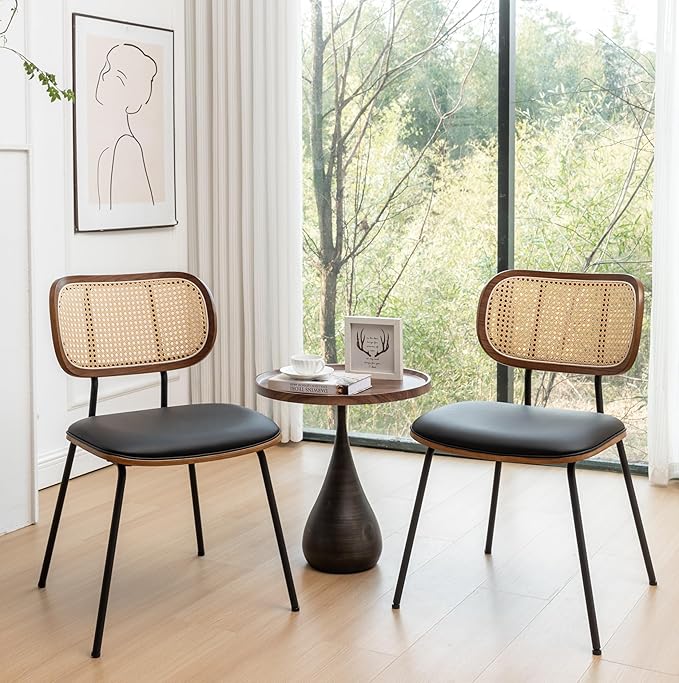 Rattan Dining Chairs Set of 2, Mid Century Modern Dining Chairs with Cane Back for Kitchen Dining Room, 19 Inch Faux Leather Black