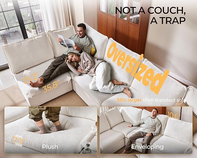Oversized Modular Sofa Comfy Cloud Couch with Storage, Extra Deep Plush Sectional Sofa Set for Living Room, Covers Washable, Chenille, Olar (White, 6-Seater with 2 Ottomans, u-Shaped)