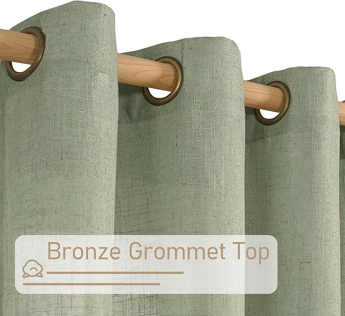 LAMIT Semi Sheer Linen Curtains 54 Inch Long 2 Panels, Sage Green Light Filtering Panels Bronze Grommet Linen Textured Christams Window Drapes for Kitchen/Windows/Bedroom, 52 x 54 Inch