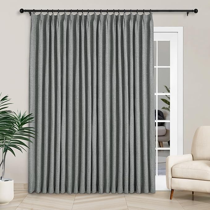 Macochico 120”Wx102”L 100% Blackout Linen Curtains Pinch Pleated Thermal Panels for Sliding Door Bedroom Living Room Farmhouse Shabby Chic Mid Grey Burlap Curtains with Tieback 1 Panel
