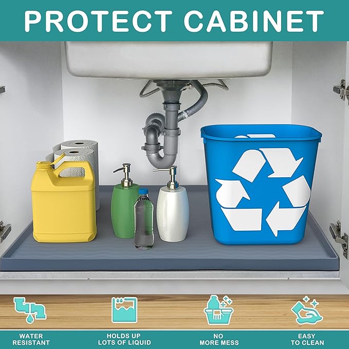 URMONA Waterproof Silicone Under Sink Mat 16'' x 10'' Shelf Liner for Kitchen and Bathroom, Cabinet and Counter Protector, Storage and Organizers, Litter Mat, Pet Cat Puppy Essentials(Black)