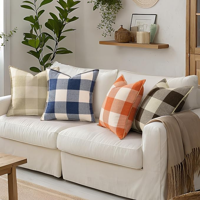 decorUhome Buffalo Plaid Check Fall Throw Pillow Covers 18x18 Set of 2, Outdoor Decorative Farmhouse Pillow Covers with Stitched Edge for Bed Couch Sofa, Cream White and Beige