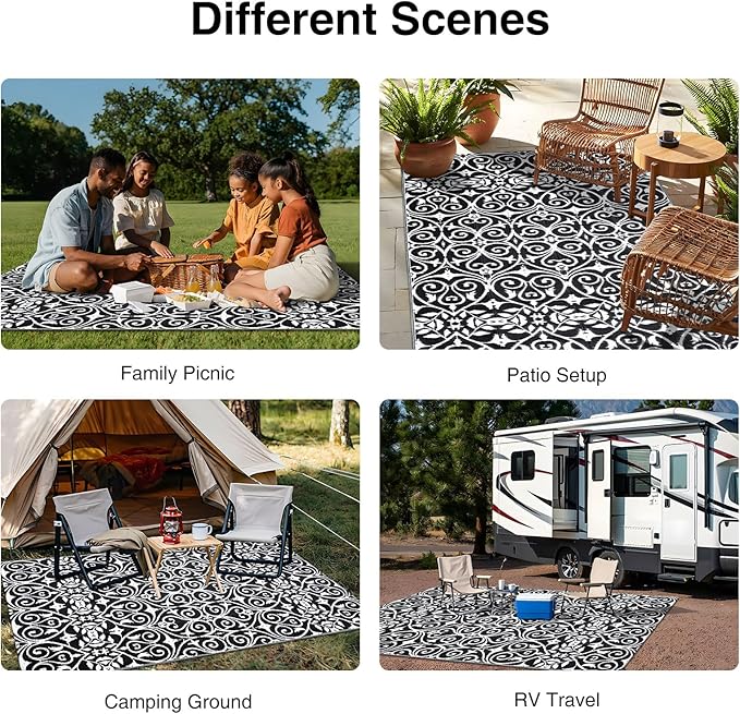 OLANLY Outdoor Rug Waterproof 5x8 ft Clearance, Reversible Outdoor Plastic Straw Rug with Floral Pattern, RV Mat for Patio, Camping, Balcony, Deck, Backyard, Black & White