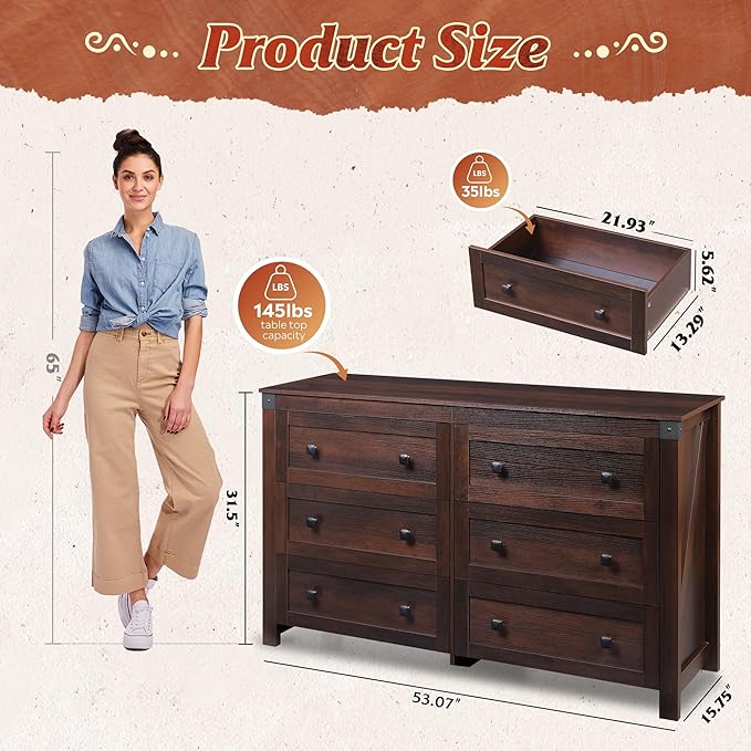 WLIVE Farmhouse 6 Drawer Dresser for Bedroom, 53.07'' Wide Wood Dresser, Storage Organizer with Double Rustic Handle, TV Stand for 60 inch TV, Chest of Drawers for Living Room, Hallway, Brown
