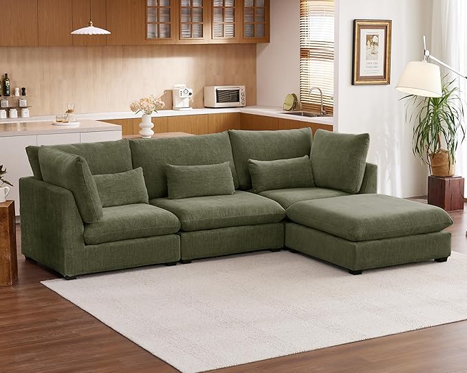 Oversized Modular Sofa, Extra Deep Cloud Chenille Sectional Couch with Ottoman Chaise, Fluffy Chenille 4 Seat L-Shaped Sofa for Living Room, Villa (L Shape 4 Seater, Chenille Green)