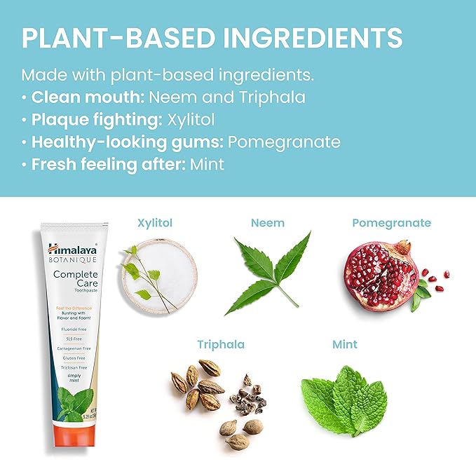 Himalaya Botanique Complete Care Toothpaste, Herbal, Mint Flavor, Fights Plaque, Freshens Breath, Fluoride Free, No Artificial Flavors, SLS Free, Cruelty Free, Foaming, 5.29 Oz, 1 Pack