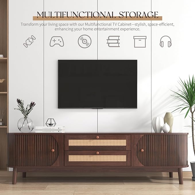 Merax Modern Fluted TV Stand for 75" TVs, Mid-Century Entertainment Center Tambour Door Media Console TV Cabinet with Rattan-Front Drawer for Living Room, Curved Profile Design