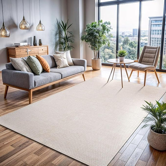 CAMILSON Easy Jute Rug 8x10, Indoor Outdoor Off-White Farmhouse Area Rugs for Living Room Patio and Kitchen Rug, Solid Woven Design, Easy-Cleaning, Non Slip Washable Outside Carpet Alfombras (8 x 10)