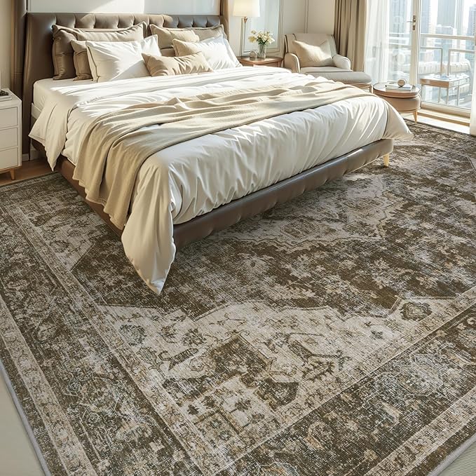 AMOAMI Area Rug - 8x10 Vintage Soft Coffee & Brown Rug for Living Room, Bedroom, Dining Room, Office - Non-Slip, Washable Carpet