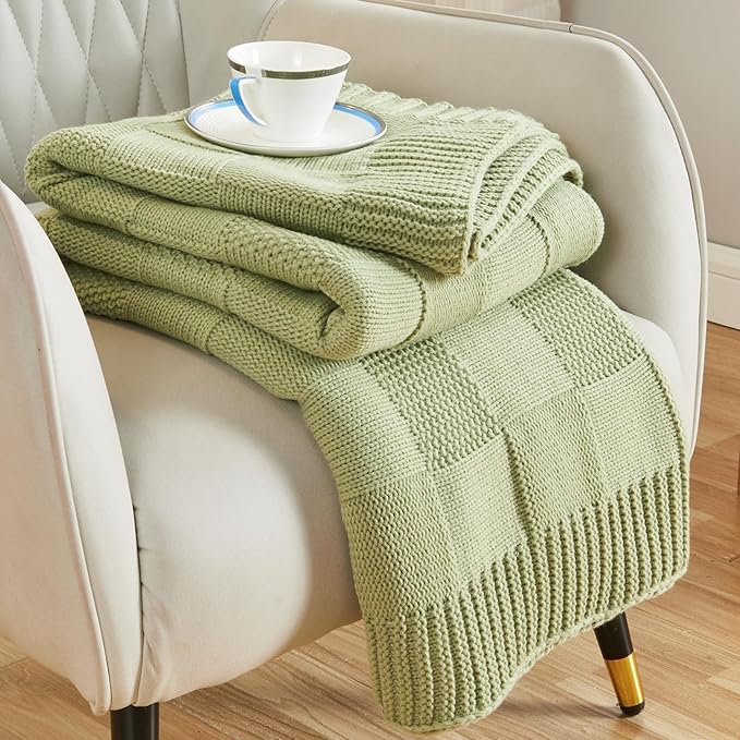 CozeCube Check Knit Throw Blanket, Sage Green Checkered Throw for Couch, Decorative Christmas Soft Cozy Warm Knitted Blanket for Bed Sofa Living Room, 50"X60"