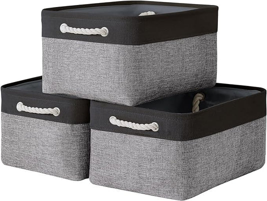TheWarmHome Collapsible Storage Bin for Shelves - 16x12x8 inch Large 3 Pack Storage Basket for Organizing with Rope, Fabric Storage Cubes for Organizer Toy Cloth Gift Closet (Black & Grey)