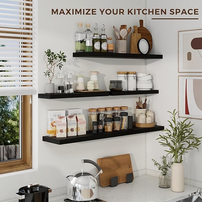 48 inch Floating Shelves for Wall Large Wall Mounted Shelves with Invisible Brackets, Black Long Shelves for Bathroom, Living Room, Kitchen, Office, 48x9.1 inch deep Set of 2