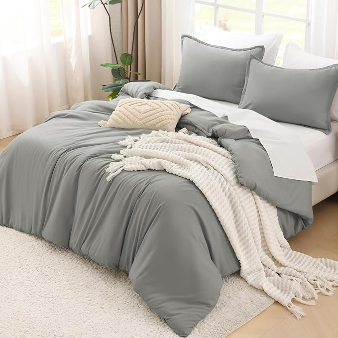 Litanika Comforters Medium Gray King Size, 3 Pieces Lightweight Solid Bedding Set & Collections, All Season Fluffy Bed Set (104x90In Comforter & 2 Pillowcases)