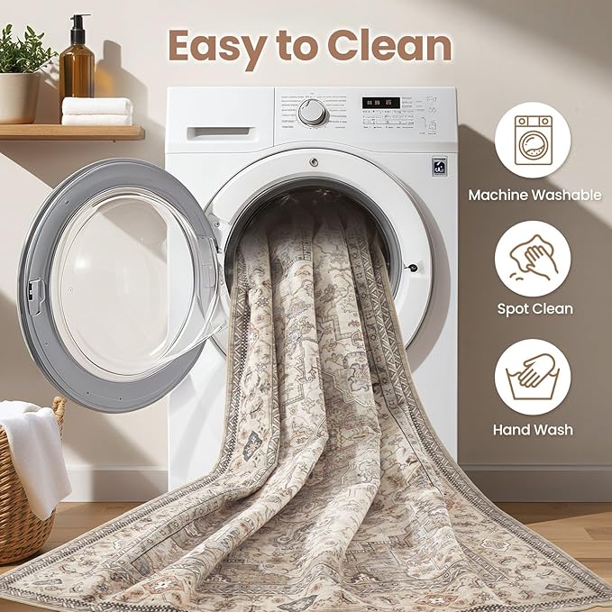 Washable Area Rugs for Living Room - 5x7 Neutral Vintage Distressed Floral Farmhouse Boho Large Soft Floor Rug Indoor Non Slip Carpet for Bedroom Dining Room Office - Brown/Multi