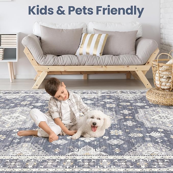 Washable Area Rugs for Living Room -9x12 Neutral Vintage Distressed Floral Farmhouse Boho Large Soft Floor Rug Indoor Non Slip Carpet for Living Room Bedroom Dining Room Office - Denim Blue/Grey