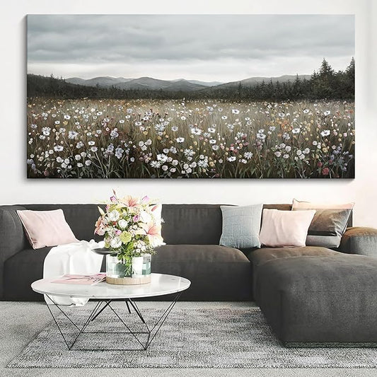 HGUAOA Vintage Landscape Wall Art for Bedroom and Living Room - Large Floral Artworks Farmhouse Wall Decor - Framed Neutral Nature Pictures - Above Bed Wall Decor with Mountain Scenery 29×58IN