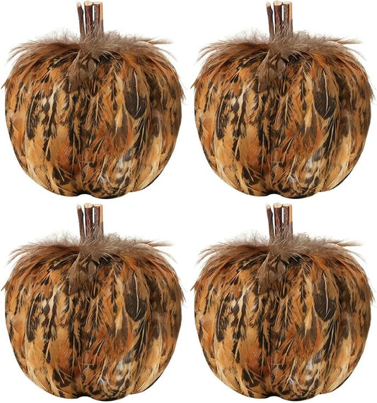 naturevibe 4.3 Inches Elegant Feathered Pumpkin Decor Set of 4 for Thanksgiving Decorations, Natural Feather Pumpkins as Fall Home Decor,Centerpieces for Tables or Autumn Harvest Gifts
