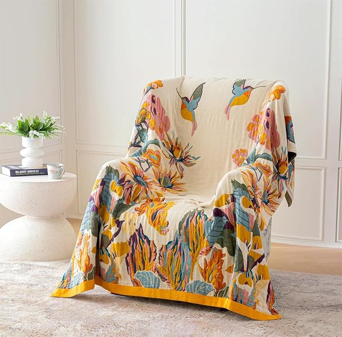 Boho Throw Blanket for Couch 100% Cotton Throw Floral Bed Blanket 80''x90'',Cotton Quilts Travel Knitted Muslin Blanket Home Decor Cozy Blankets for Women