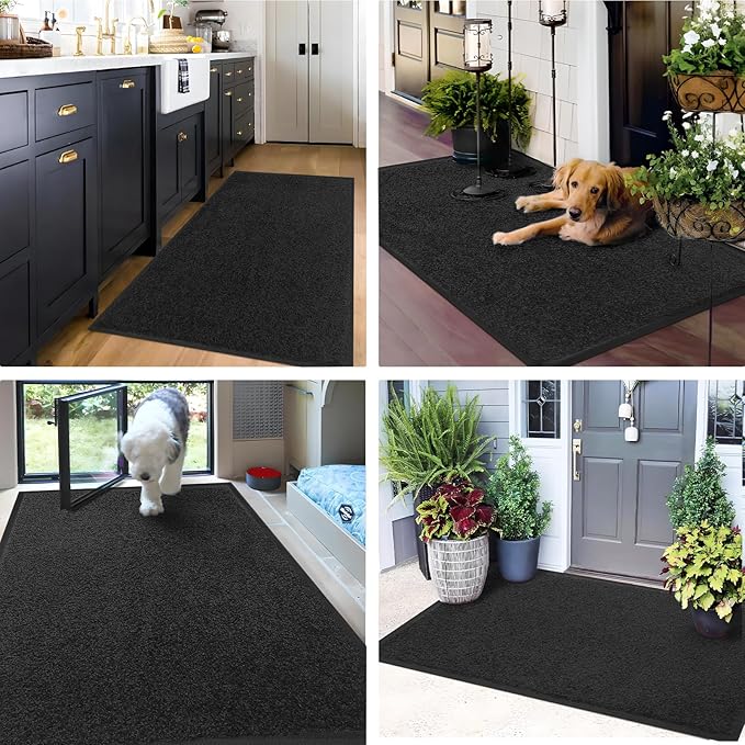 Mibao Dirt Trapper Door Mat for Indoor Outdoor, Waterproof All-Season, All-Weather Doormat, Heavy Duty Non-Slip Entrance Rug, Low Profile Absorbent Entrance Mat Carpet, 60" x 36", Black