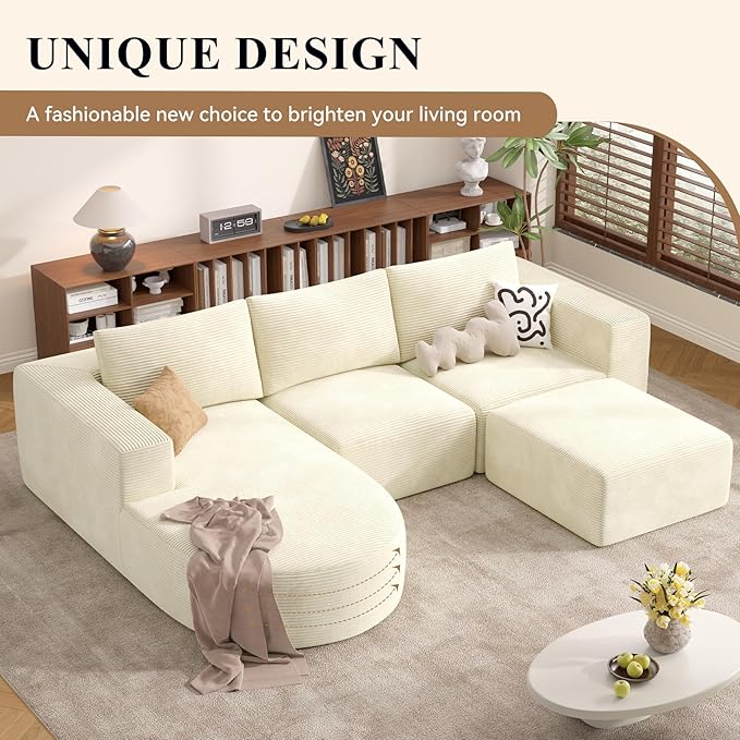 Modular Sectional Sofa with L-Shape Chaise,Cloud Sectional Modern Sleeper Couch with Deep Seat,Sponge Compression Sofas No Assembly Required (Beige-Corduroy Fabric) 1pcs