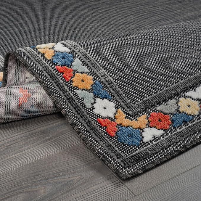 Beverly Rug Outdoor Runner Rug 2x7 Modern Floral Bordered Area Rugs for Indoor and Outdoor Patio Easy to Clean Non Shedding Living Room Porch Garden Washable Outside Carpet (2 x 7 Dark Gray)
