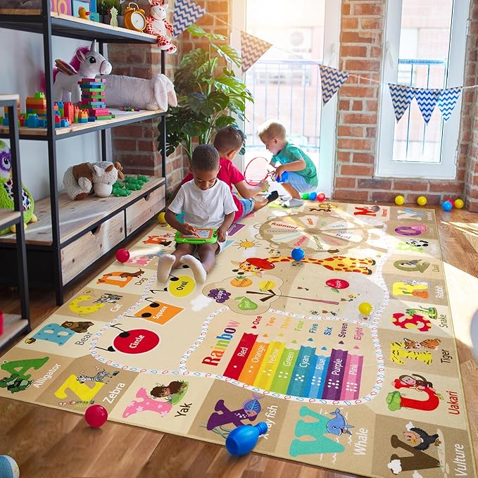 6x9 Playroom Rugs for Kids Washable, Educational and Fun Playmat with ABC Alphabet Animals Shapes Colors, Non-Slip Play Mat Learning Rugs for Baby Toddler Children Game Activity，Beige, Pink