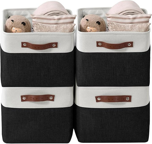 DECOMOMO Storage Bins Fabric Storage Baskets for Shelves, Linen Closet Organization Toys Nursery (Black and White, Large - 4 Pack)