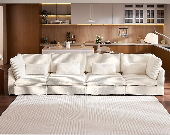 Oversized Modular Sofa, Extra Deep Cloud Corduroy Sectional Couch with Ottoman Chaise, Fluffy Chenille 4 Seater Sofa for Living Room, Villa (Basic 4 Seater, Corduroy White)
