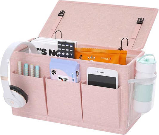 Dual-purpose Bedside Caddy Bedside Organizer, Bed Caddy with 6 Pockets, Versatile Bedside Storage Solution Magazine Remotes holder, ideal for Home, Dorm, Hospital, Crib Bed (Pink)