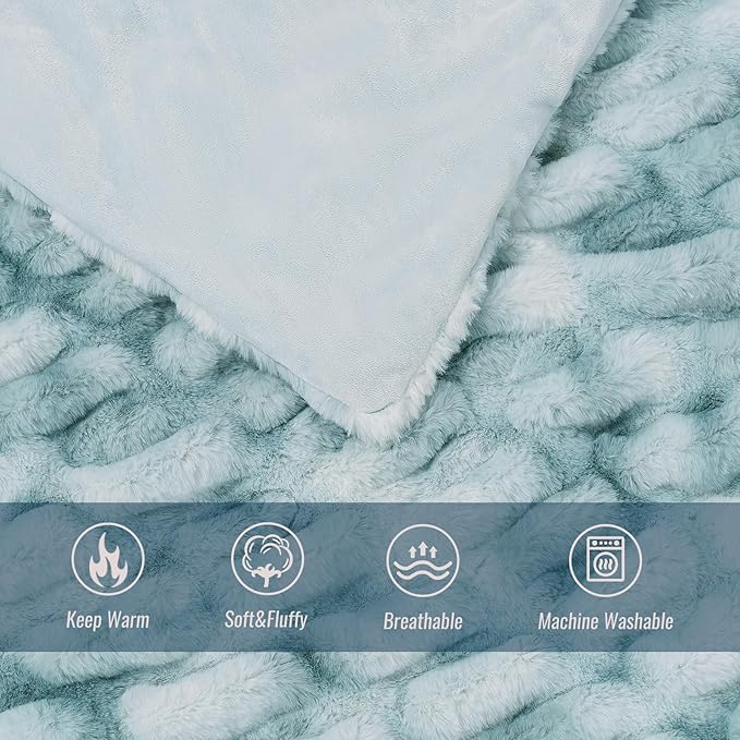 Ultra Soft Luxury Faux Fur Twin Blanket for Counch,Fuzzy Fluffy Plush Warm Cozy Elegant Wrinkled Blanket for Sofa Bedroom Living Room,（60"x80",Tie-dye Freshwater Blue）