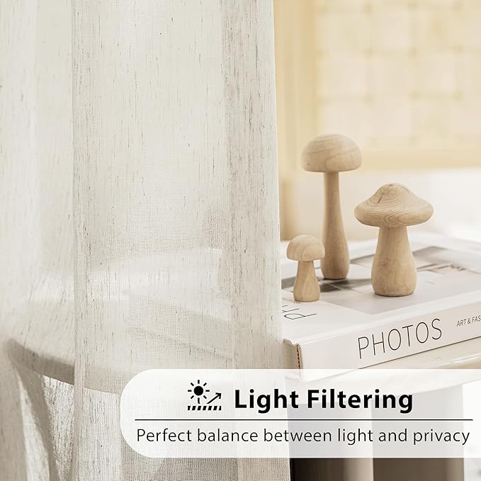 FMFUNCTEX Linen Sheer Curtains for Bedroom, Beige Curtains 63 inch Length for Living Room, Natural Flax Blend Window Draperies for Farmhouse Curtain, Rod Pocket 2 Panels