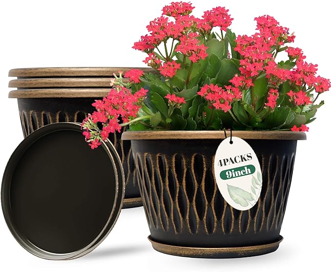4 Pack 9 Inch Retro Plant Pots, Vintage Striped Flower Pots with Drainage Hole & Saucer, Large Plastic Planters for Indoor and Outdoor Plants, Decorative Garden Pots(Gold)