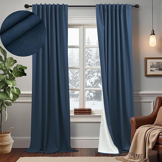 Navy Blue Curtains 90 Inches Long for Living Room Blackout 52 Inch Wide Curtains for Bedroom Window Floor Length Soft Fabric Polyester Linen Blend Noise Reduction Soundproof Nautical Curtain Dark Blue