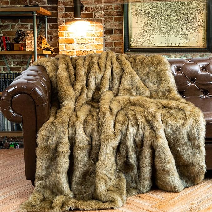 BATTILO HOME Luxury Golden Faux Fur Blanket, 60"x 80" Large Fur Throw Blankets for Bed, Couch, Soft Warm, Fuzzy, Fluffy, Golden with Back Tipped Blanket, Reversible to Plush Velvet