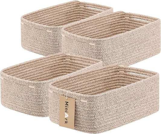 Small Storage Baskets for Organizing | Closet Organizer Bins | Shelf Toy Basket | Woven Rope Baskets | Cube Decorative Box | Shallow Basket | 13x8.5x5.1” | 4 Packs Mixed Brown