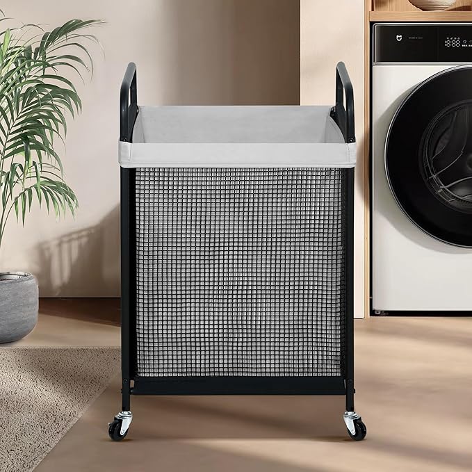 STO STO Laundry Hamper, 90L Rolling Laundry Sorter Cart with Removable and Washable Liner Bag, Rolling Clothes Hamper with Metal Handle for Laundry Room and Bedroom, Gray