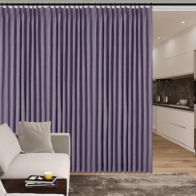 Full Blackout Privacy Curtains, 240 Inch Extra Wide Linen Blend Drapes, Pinch Pleat Window Drapery for Room Divider Storage/Space Room Separation, 1 Panel, W 240" x L 102", Violet
