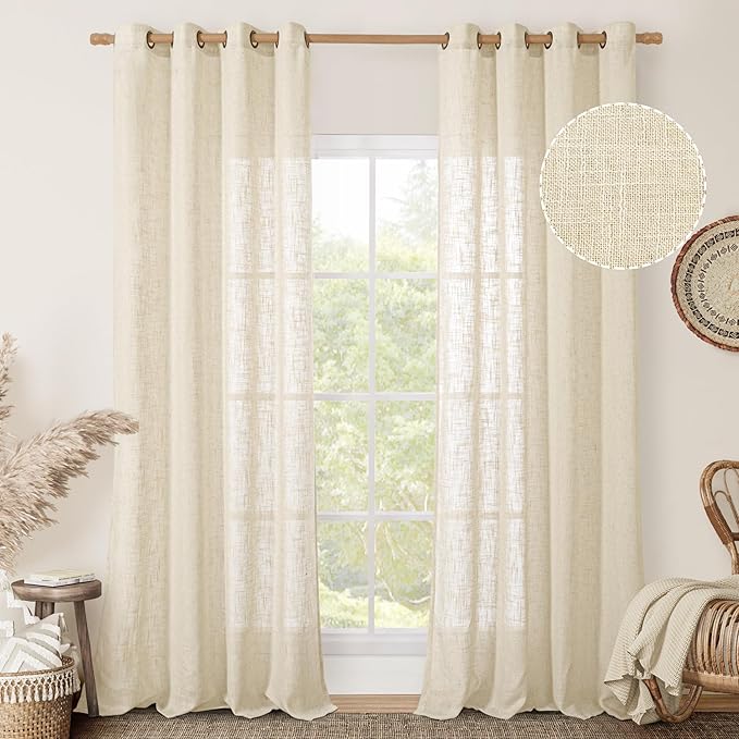 LAMIT Beige Linen Curtains 84 Inch Length 2 Panels for Living Room, Light Filtering Boho Window Treatments Semi Sheer Neutral Thick Drapes with Bronze Grommet for Bedroom/Farmhouse, 52 X 84 Inch