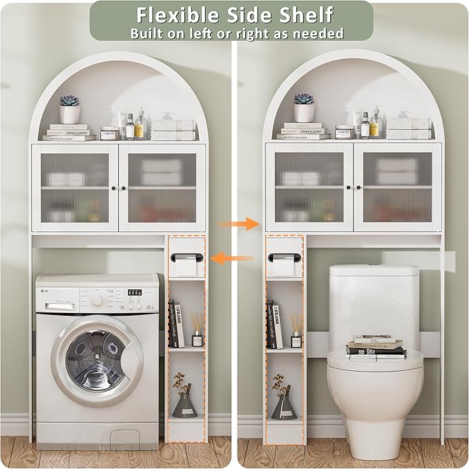 Over The Toilet Storage Cabinet, 31''W Arched Space-Saving Bathroom Organizer with Adjustable Shelf and Acrylic Doors, Freestanding Over Toilet Cabinet for Bathroom, Laundry, Restroom (White)