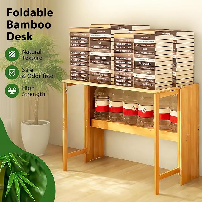 39.37" Bamboo Folding Desk,Space-Saving Computer Desk for Small Spaces, Foldable Study Table for Bedroom, Home Office, Dorm, Apartment (Natural)
