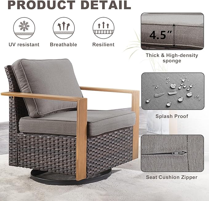Outdoor Wicker Patio Furniture Set - 5 Piece Patio Conversation Set with 2 Wicker Swivel Rocker Chairs,2 Rattan Ottoman and 1 Couch,Thick Cushions,Deep Seating,Wide Armrest(Brown/Grey)