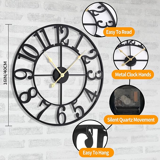 LEIKE Large Wall Clock, 16" Silent Non-Ticking, Battery Operated, Oversized, Decorative Retro Black Metal Clock for Living Room,Farmhouse, Dinner Room,Indoor, Outdoor Decor(40cm, Black Arabic Number)
