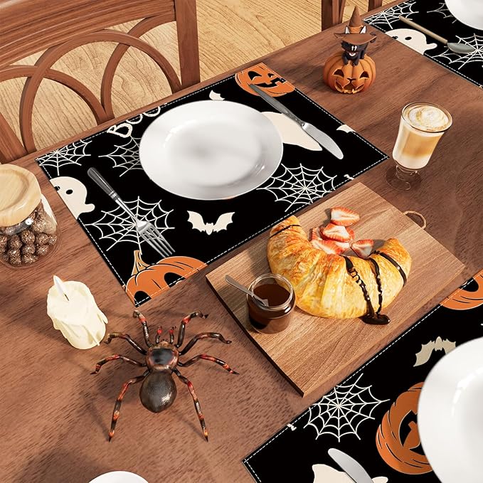 XCHI BOO Spooky Ghost Pumpkin Halloween Cloth Placemats Set of 8 Table Mats Table Decorations 12x18 Inch